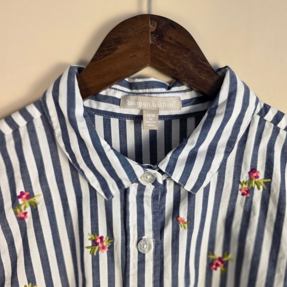 Woman Within Button Down Shirt Womens 14/16 Blue White Striped Floral Embroidery - Picture 3 of 11